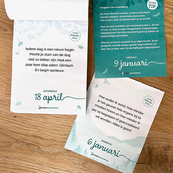 Zorgkalender 2026 met spreuken en zorgtips
